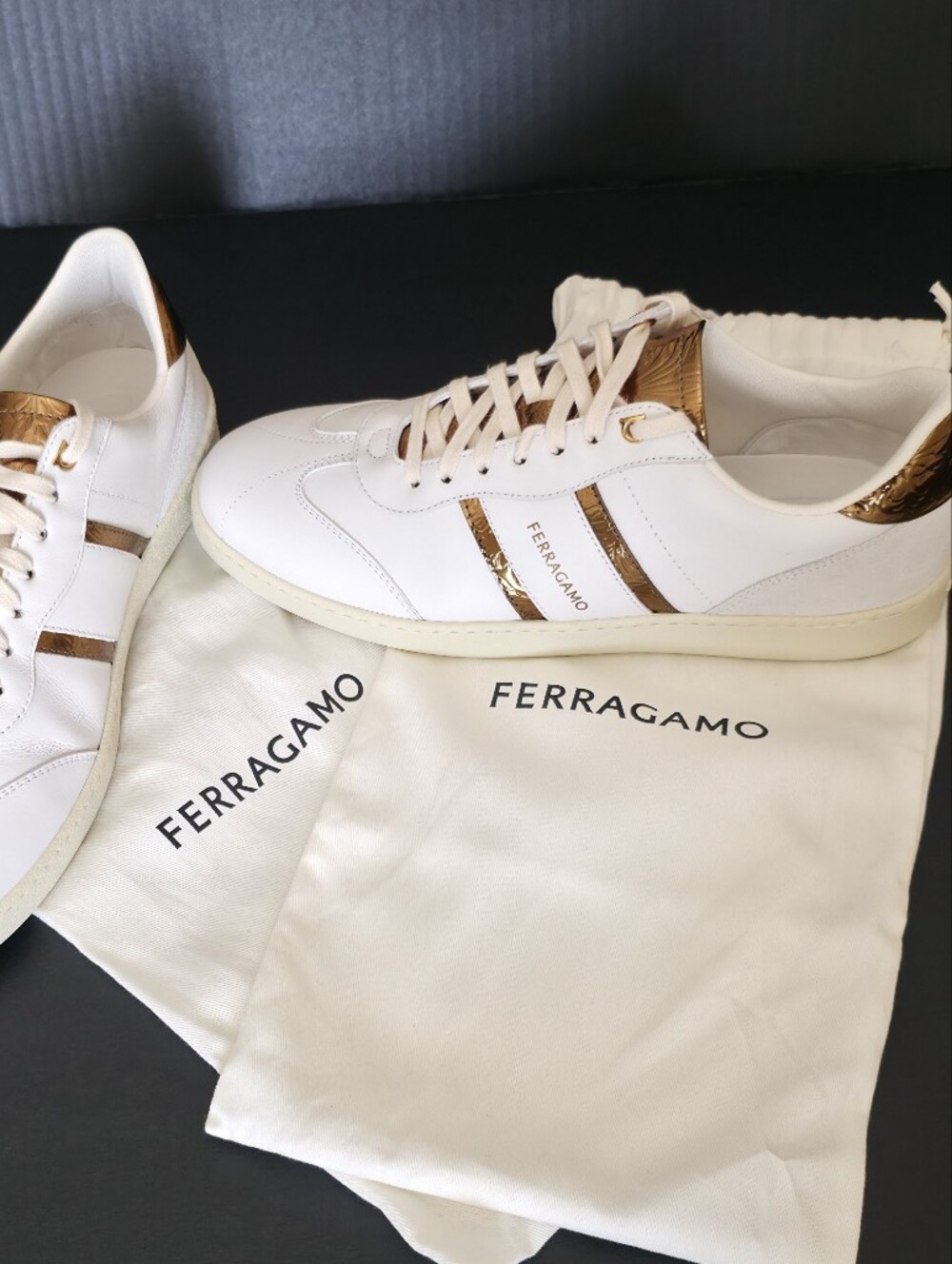 Ferragamo White Leather Low-Top sneakers Metallic Gold Quiet Luxury 9.5
